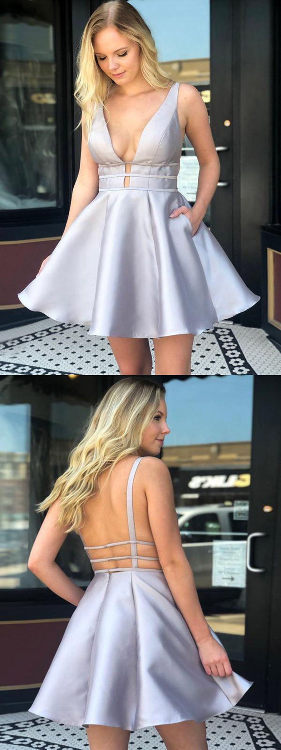 Vestidos cortos de satén para baile de graduación, fiesta de bienvenida, corte en A, escote en V, espalda descubierta y bolsillos.