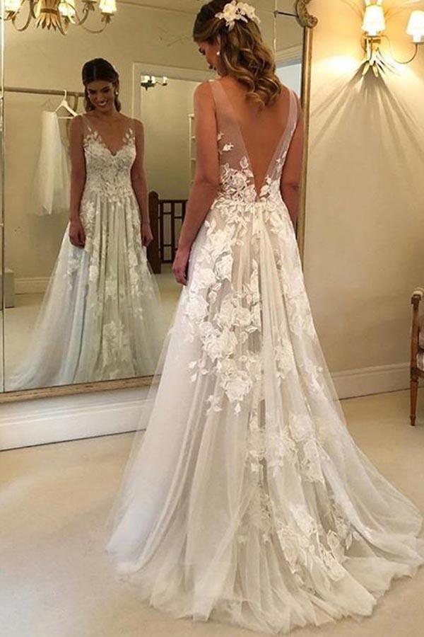 Robe de mariée trapèze, col en V, dos nu, traîne balayée et appliques WD394