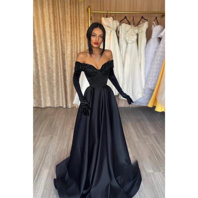 Robe de soirée noire vintage à manches longues et col en V 