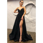 Vestido de fiesta con escote en V, lentejuelas Blask, abertura alta, brillante y bolsillos 