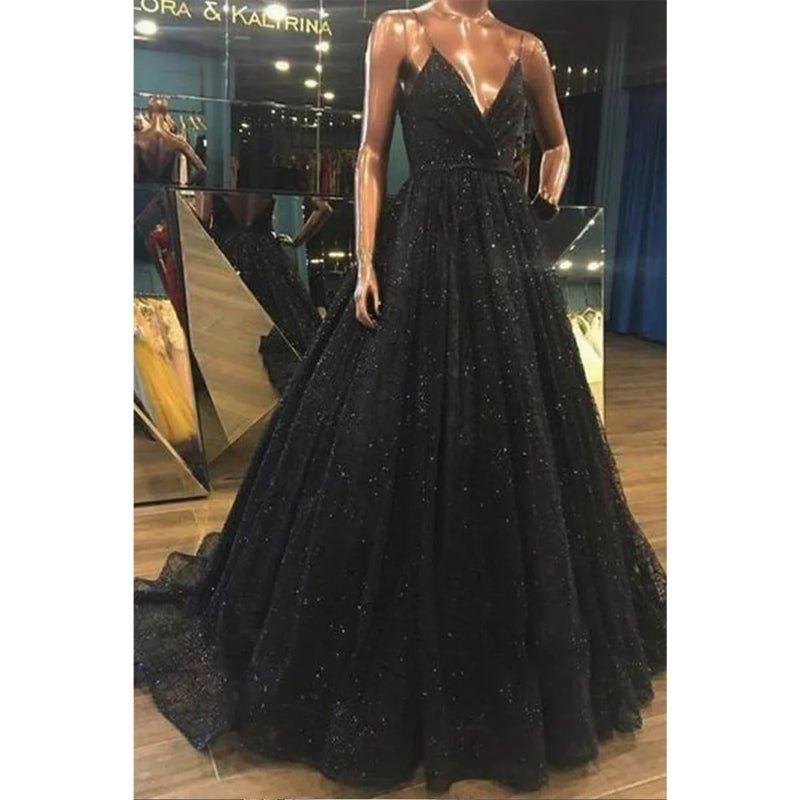 Vestido de fiesta con escote en V, lentejuelas Blask, abertura alta, brillante y bolsillos 