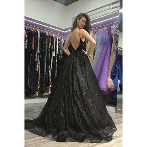 Vestido de fiesta con escote en V, lentejuelas Blask, abertura alta, brillante y bolsillos 