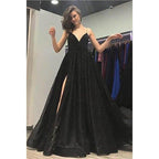 Vestido de fiesta con escote en V, lentejuelas Blask, abertura alta, brillante y bolsillos 