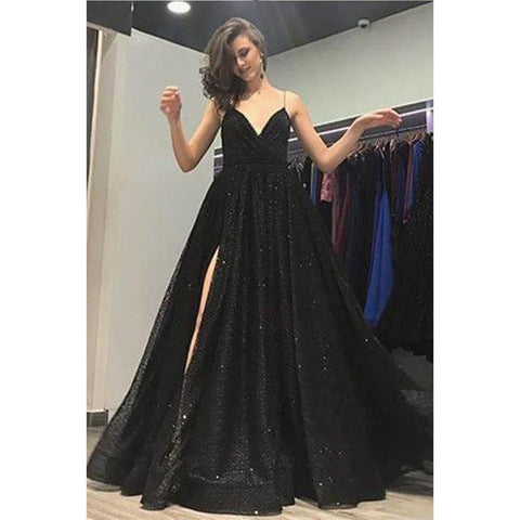 Vestido de fiesta con escote en V, lentejuelas Blask, abertura alta, brillante y bolsillos 