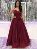 Vestidos largos de fiesta de tul burdeos con escote en V y corte en A. Vestidos de noche formales burdeos.