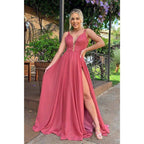 Vestido de dama de honor de gasa con escote en V y corte A para boda, vestido largo formal de graduación y noche 