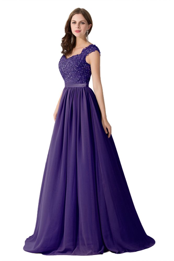 Vestido de dama de honor de gasa con escote en V y corte en A con apliques