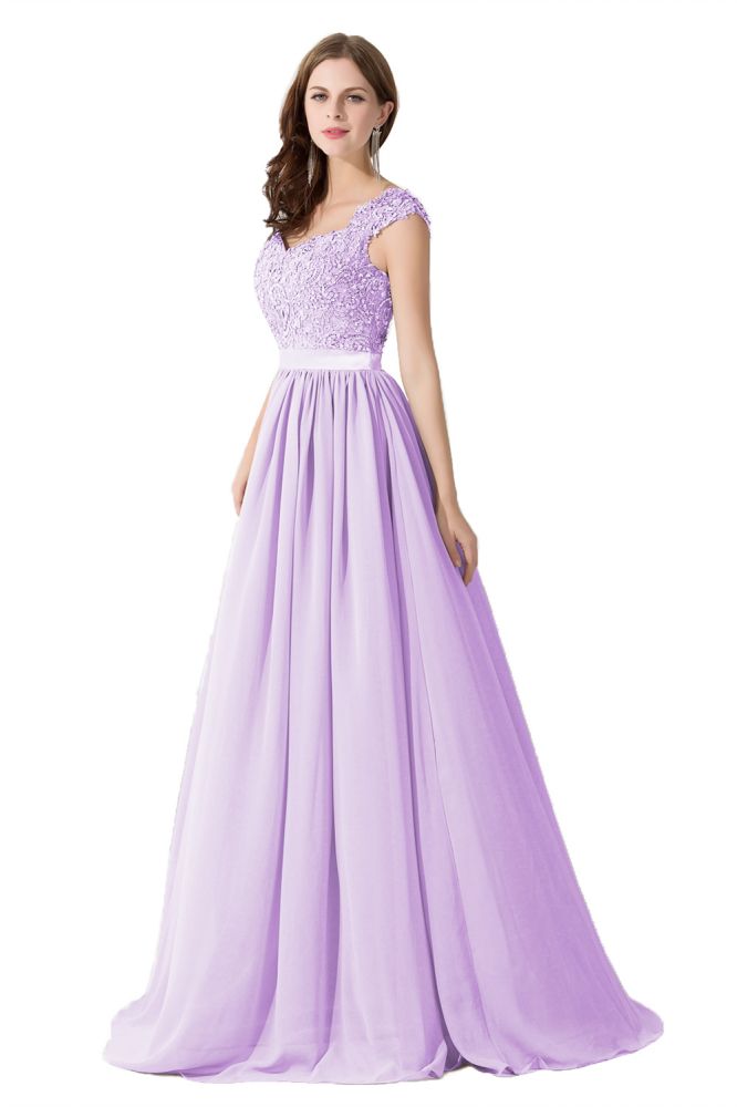 Vestido de dama de honor de gasa con escote en V y corte en A con apliques