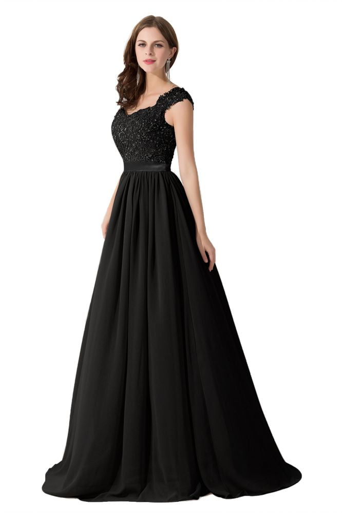 Vestido de dama de honor de gasa con escote en V y corte en A con apliques