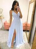 Vestidos largos de graduación formales de gasa con escote en V y corte en A, con abertura.