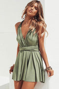 Vestido corto verde convertible de corte en A con escote en V para baile de bienvenida
