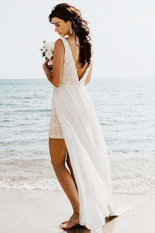 Vestido de novia/boda de playa largo, corte en A, escote en V, cola desmontable WD264
