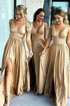 Vestido de dama de honor de satén elástico con escote en V y corte en A con abertura BD055