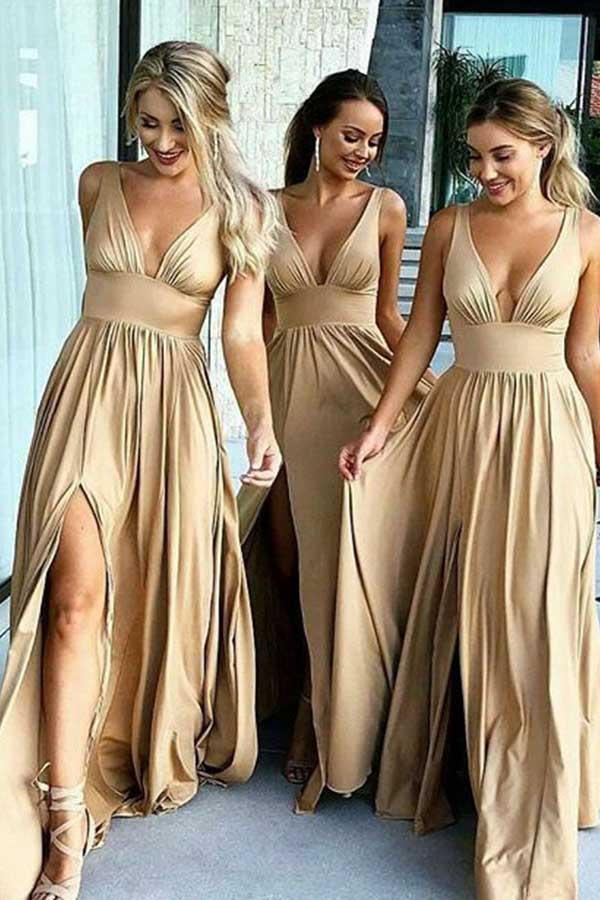 Vestido de dama de honor de satén elástico con escote en V y corte en A con abertura BD055