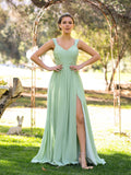 Vestido de dama de honor de gasa largo hasta el suelo, corte en A y escote en V