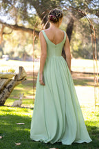 Vestido de dama de honor de gasa largo hasta el suelo, corte en A, escote en V
