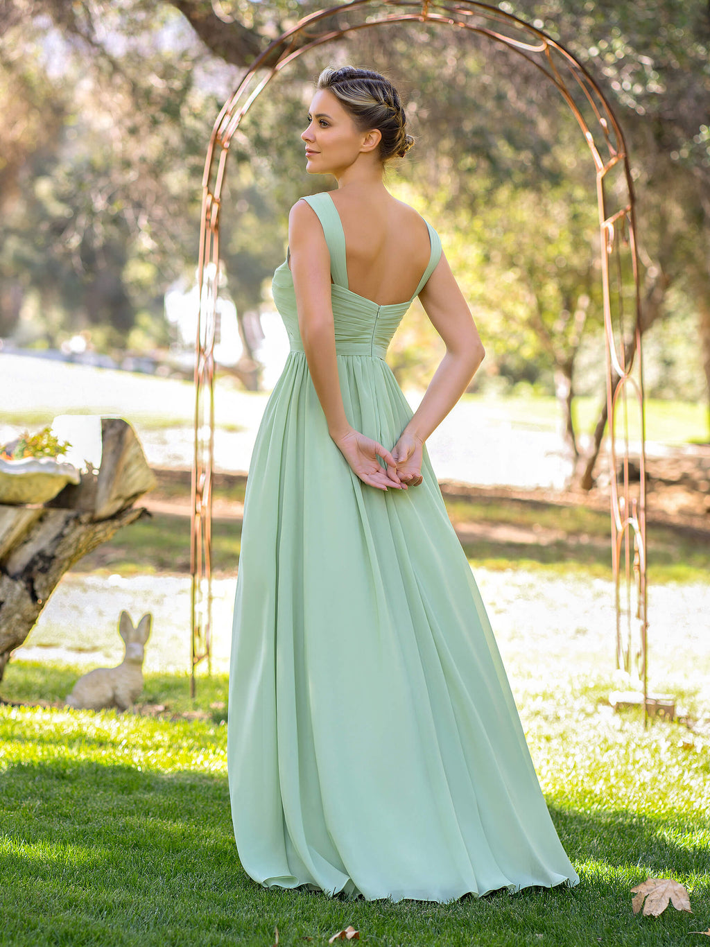 Vestido de dama de honor de gasa largo hasta el suelo, corte en A y escote en V