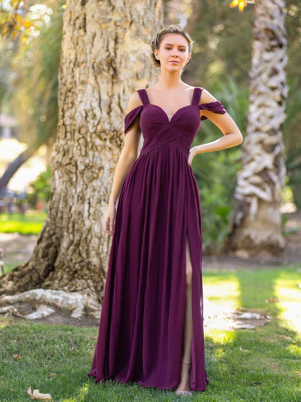 Vestido de dama de honor de gasa largo hasta el suelo, corte en A, escote en V