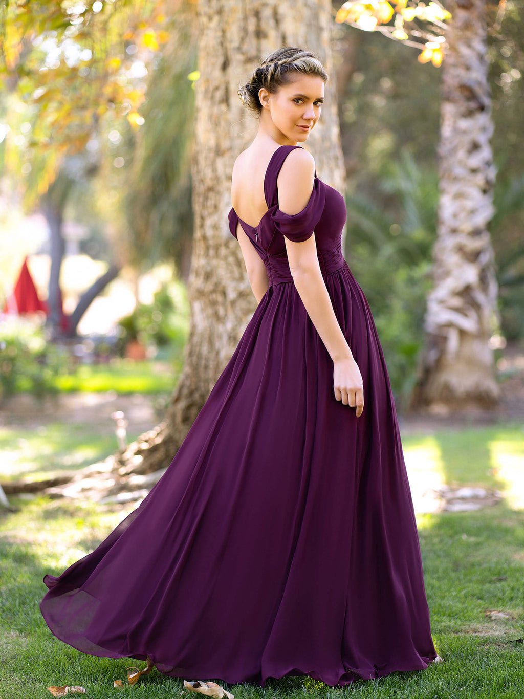 Vestido de dama de honor de gasa largo hasta el suelo, corte en A, escote en V