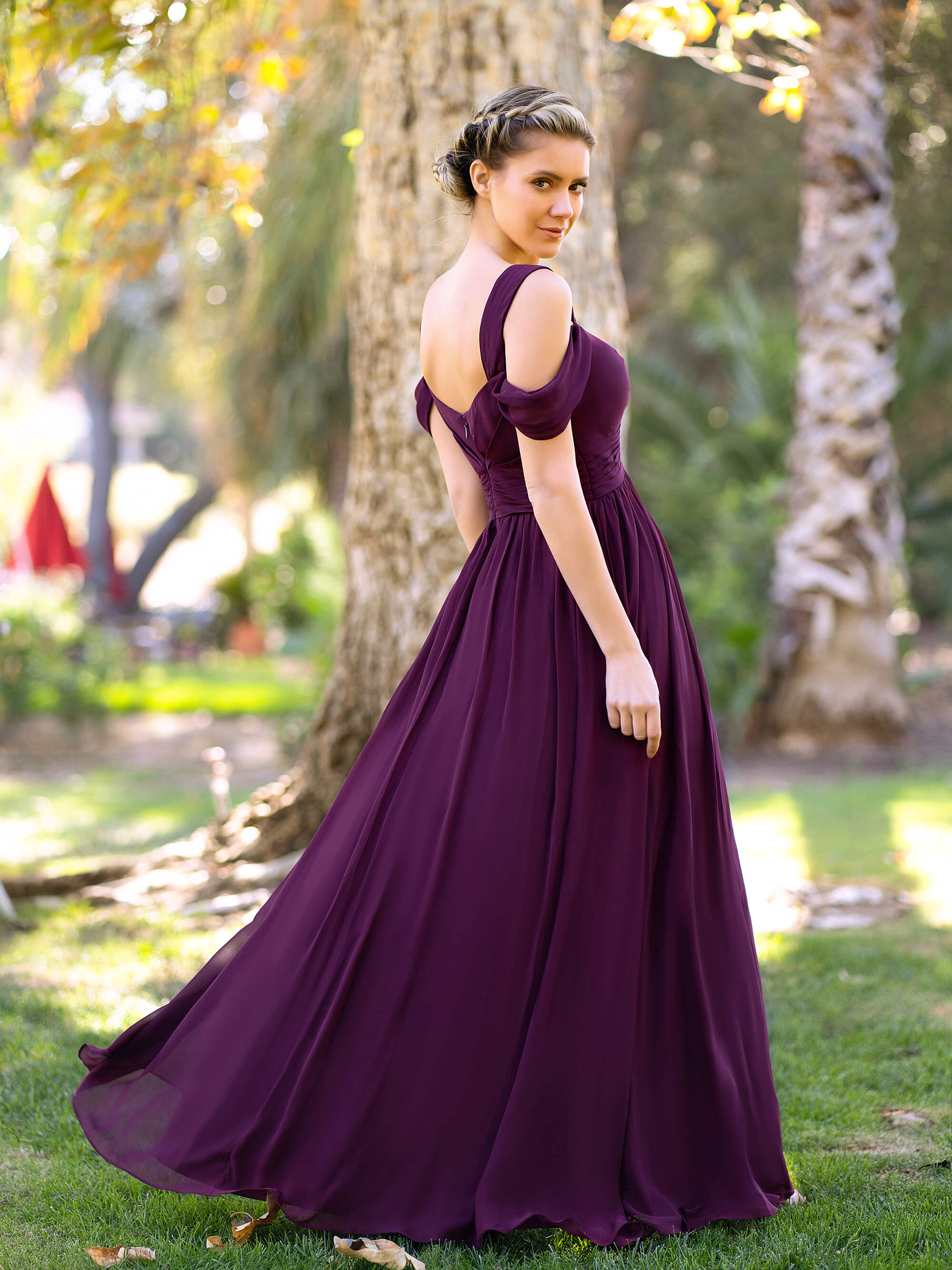 Vestido de dama de honor de gasa largo hasta el suelo, corte en A, escote en V