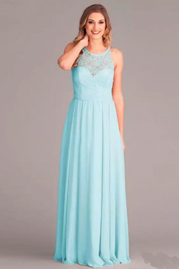 Vestido de dama de honor de gasa color menta, corte en A, escote en V, largo hasta el suelo, con encaje BD052