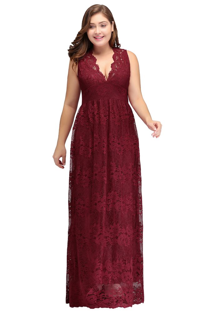 Vestidos de noche largos hasta el suelo, sin mangas, de encaje burdeos, corte en A, escote en V y tallas grandes.
