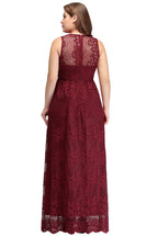 Vestidos de noche largos hasta el suelo, sin mangas, de encaje burdeos, corte en A, escote en V y tallas grandes.