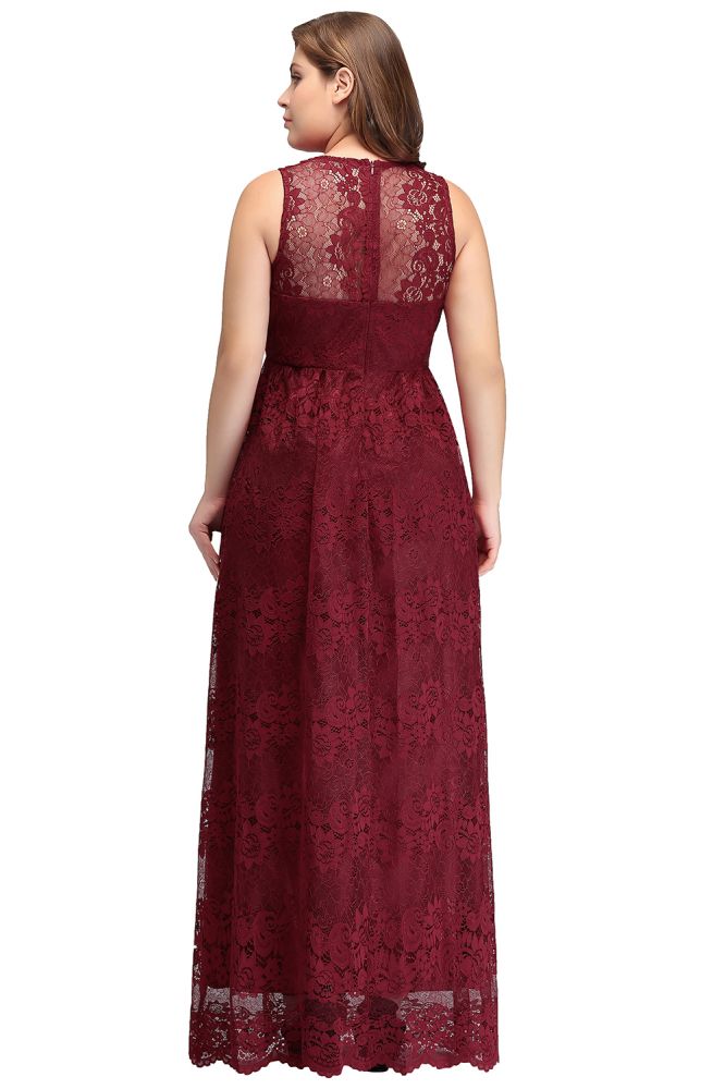 Vestidos de noche largos hasta el suelo, sin mangas, de encaje burdeos, corte en A, escote en V y tallas grandes.