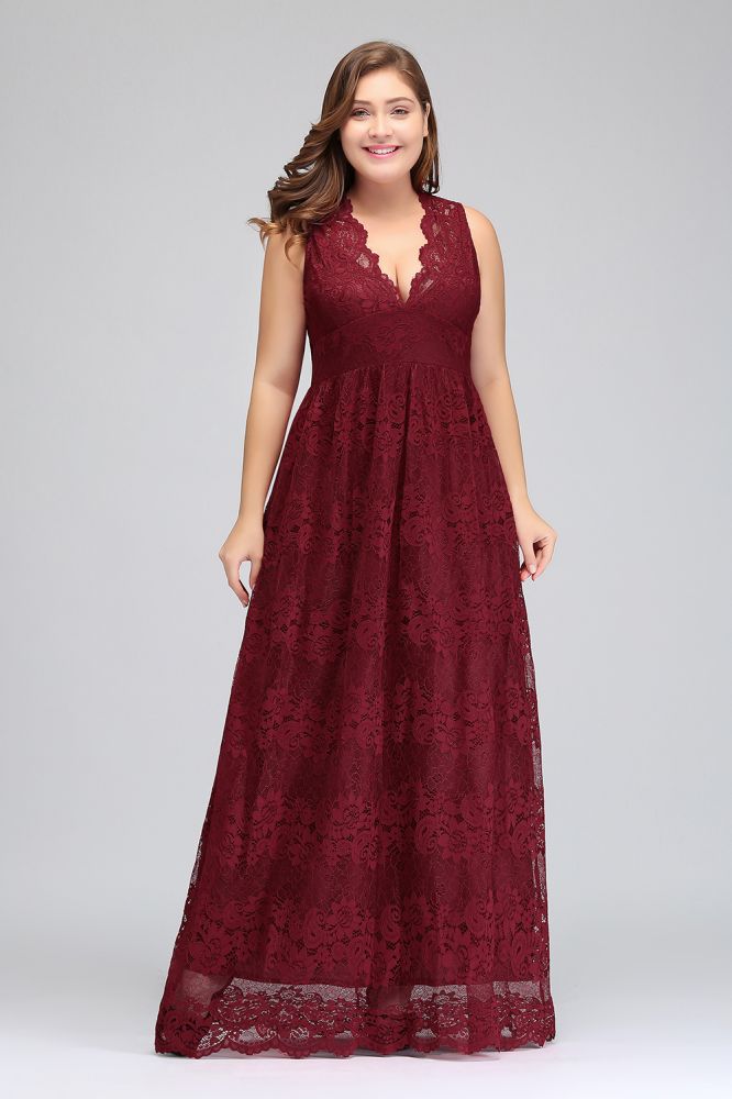 Vestidos de noche largos hasta el suelo, sin mangas, de encaje burdeos, corte en A, escote en V y tallas grandes.