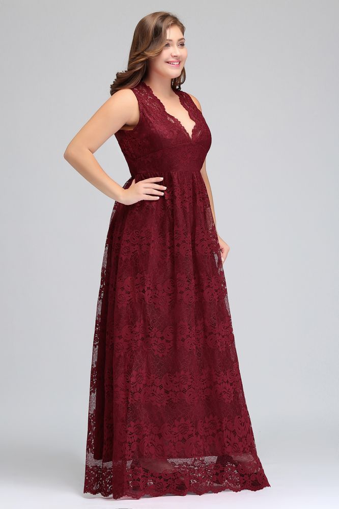 Vestidos de noche largos hasta el suelo, sin mangas, de encaje burdeos, corte en A, escote en V y tallas grandes.