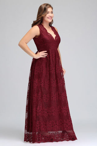 A-Line V-neck Floor Length Sleeveless Plus size Lace Burgundy Evening Dresses