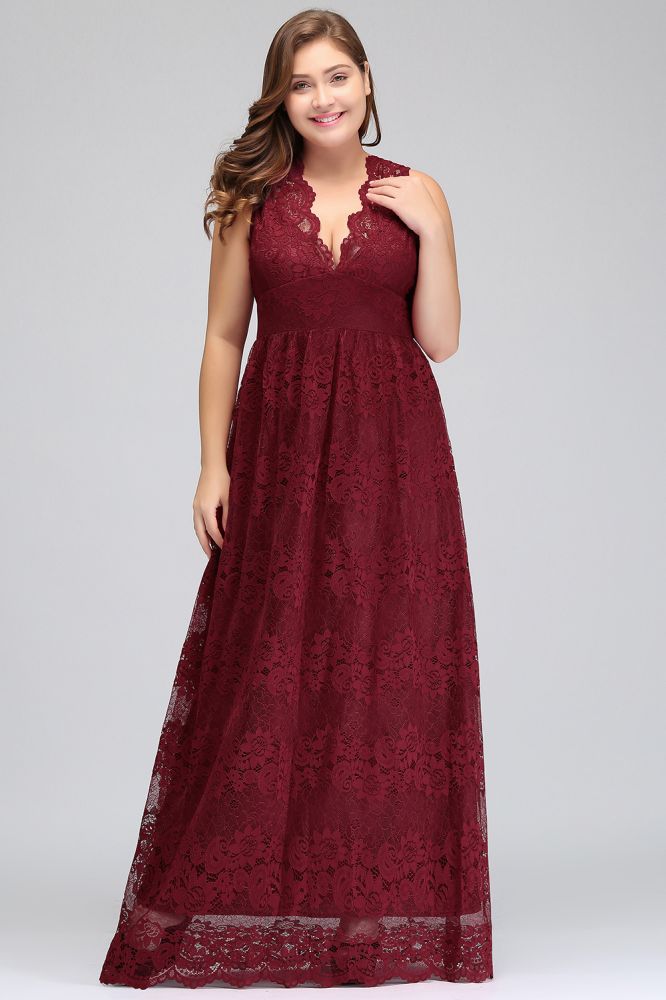 Vestidos de noche largos hasta el suelo, sin mangas, de encaje burdeos, corte en A, escote en V y tallas grandes.
