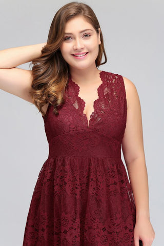 A-Line V-neck Floor Length Sleeveless Plus size Lace Burgundy Evening Dresses