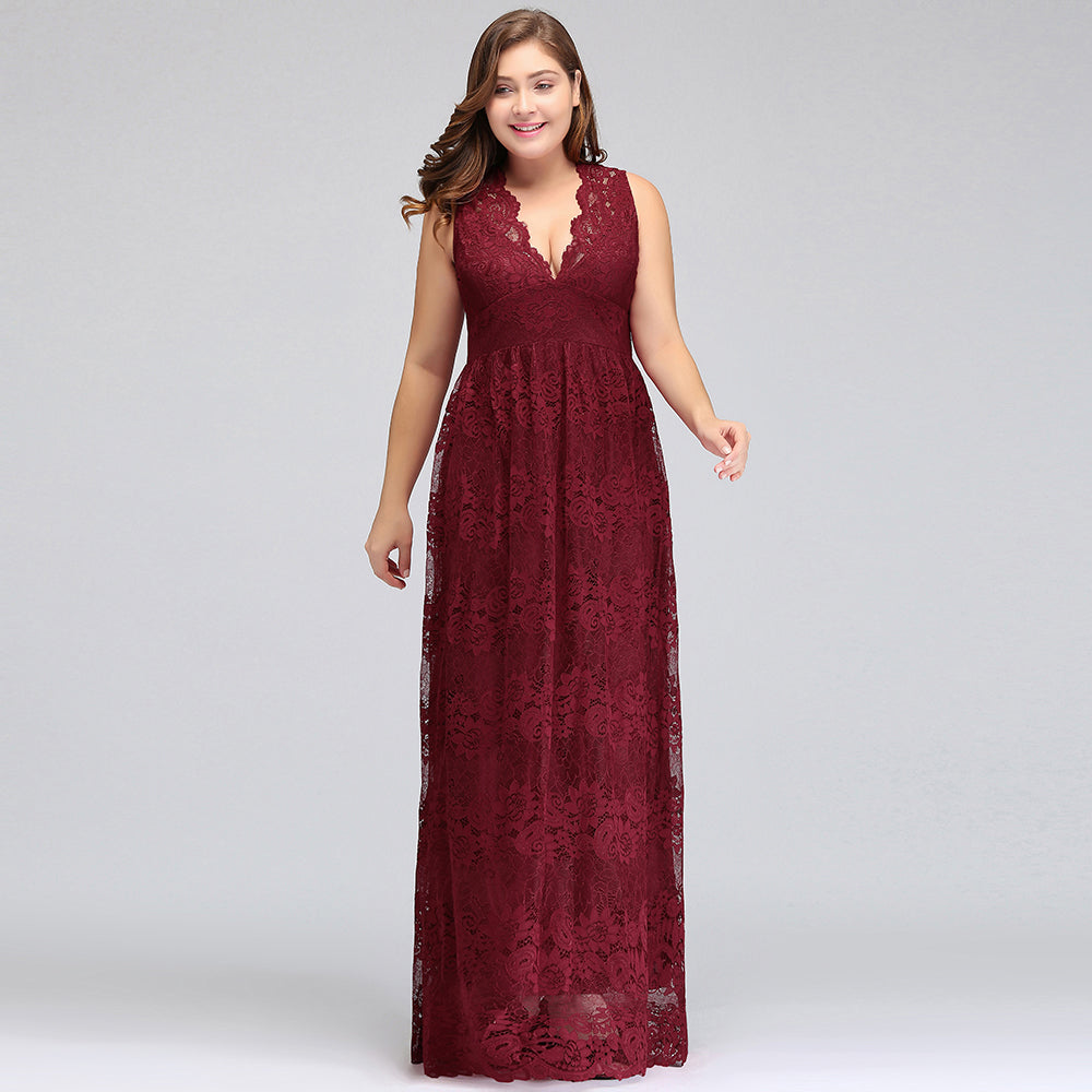 Vestidos de noche largos hasta el suelo, sin mangas, de encaje burdeos, corte en A, escote en V y tallas grandes.