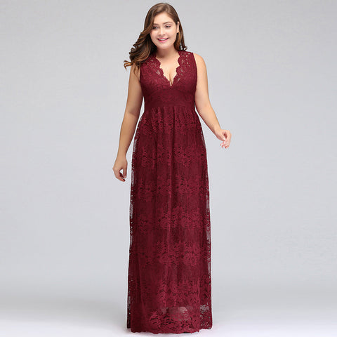 A-Line V-neck Floor Length Sleeveless Plus size Lace Burgundy Evening Dresses