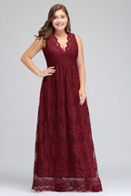 Vestidos de noche largos hasta el suelo, sin mangas, de encaje burdeos, corte en A, escote en V y tallas grandes.