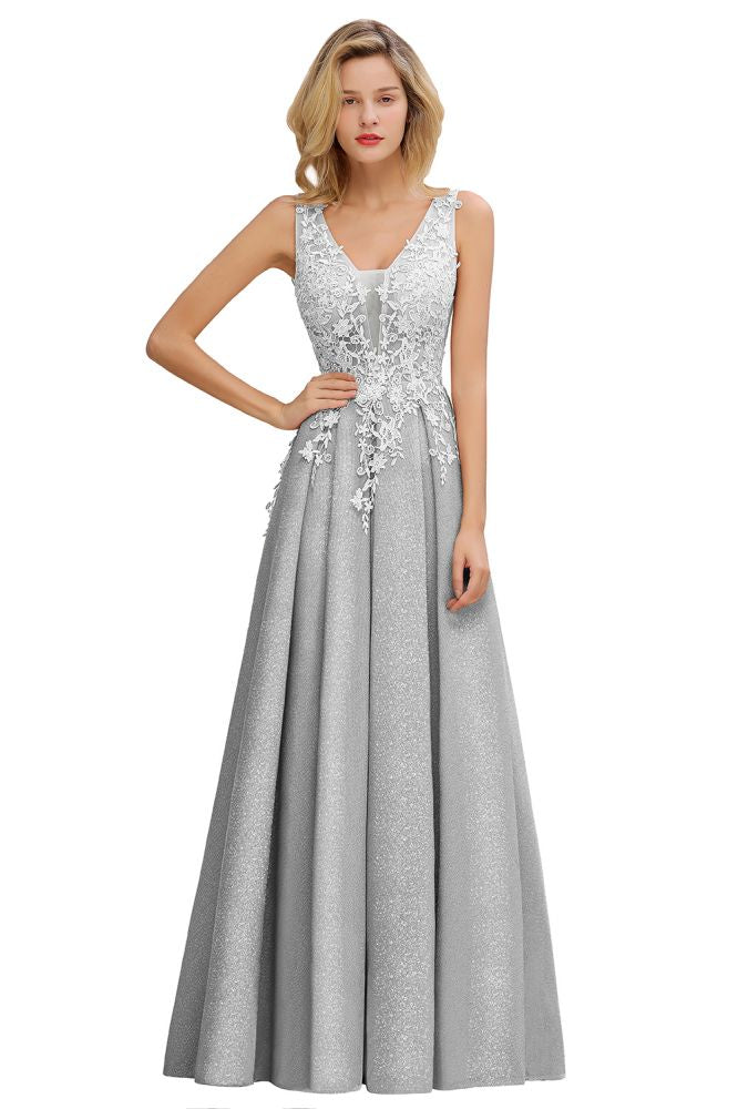 Vestidos de graduación de tul con lentejuelas, corte en A, escote en V y largo hasta el suelo