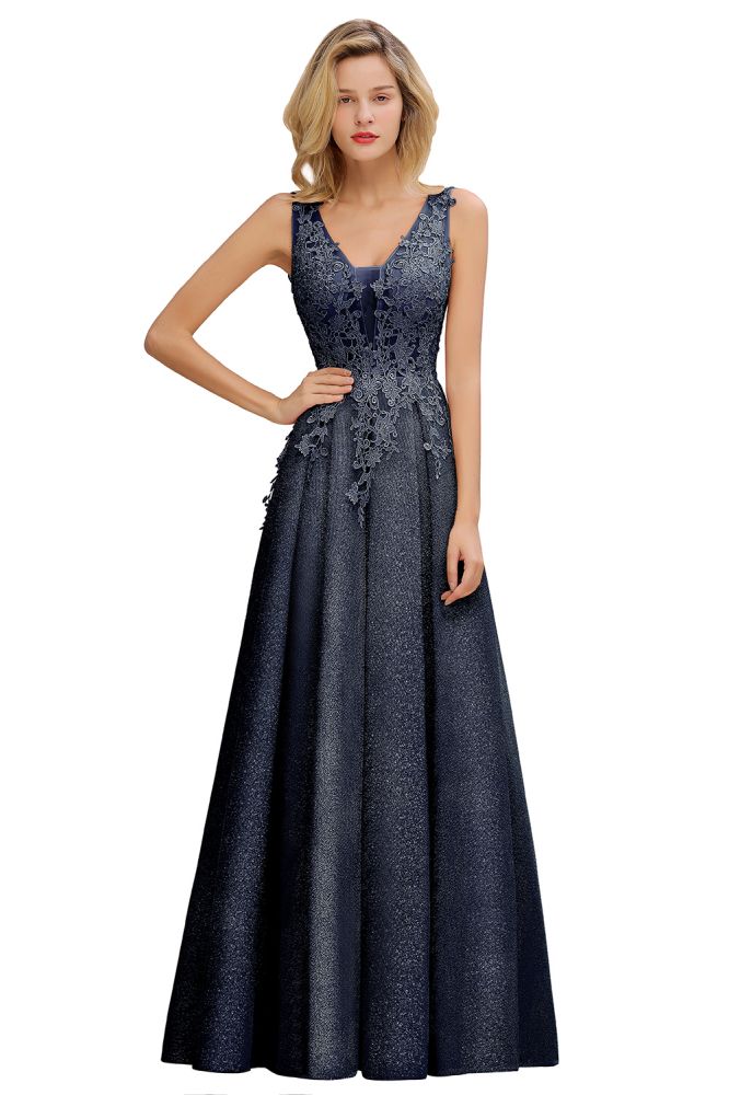 Vestidos de graduación de tul con lentejuelas, corte en A, escote en V y largo hasta el suelo