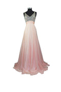 Vestido de fiesta formal de gasa con escote en V y corte en A con pedrería PG257