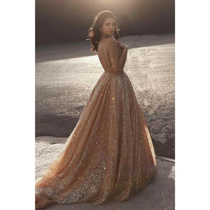 Vestido de fiesta formal de noche con escote en V, lentejuelas doradas y brillantes 