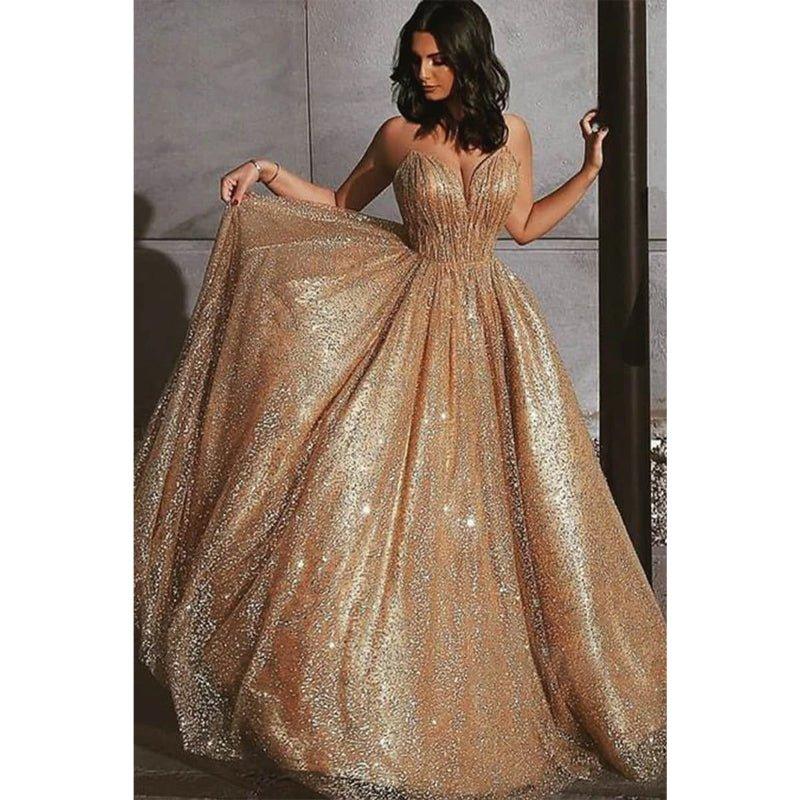 Vestido de fiesta formal de noche con escote en V, lentejuelas doradas y brillantes 