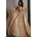 Vestido de fiesta formal de noche con escote en V, lentejuelas doradas y brillantes 