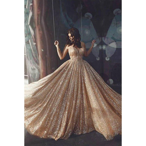 Vestido de fiesta formal de noche con escote en V, lentejuelas doradas y brillantes 