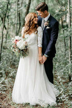 Vestido de novia de tul con escote en V, manga corta, espalda descubierta y apliques, corte en A, WD370