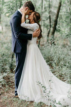 Vestido de novia de tul con escote en V, manga corta, espalda descubierta y apliques, corte en A, WD370
