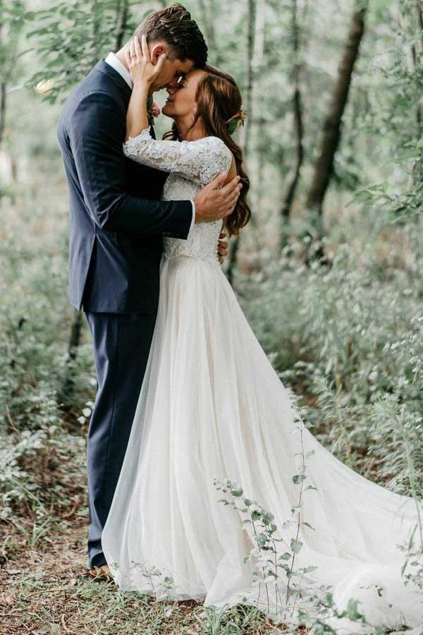 Vestido de novia de tul con escote en V, manga corta, espalda descubierta y apliques, corte en A, WD370