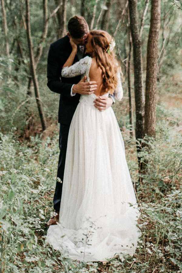 Vestido de novia de tul con escote en V, manga corta, espalda descubierta y apliques, corte en A, WD370