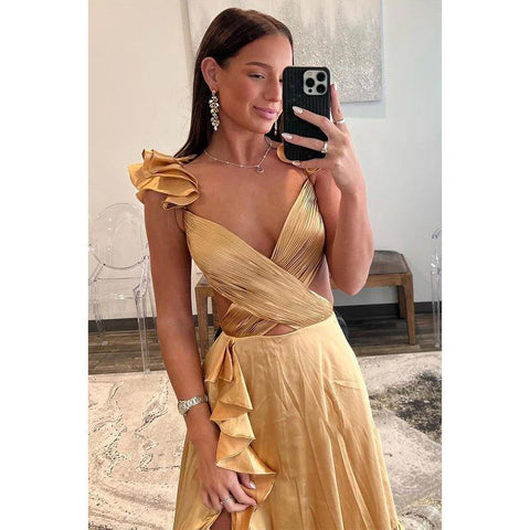 Vestido de noche champán sencillo con escote en V y volantes altos y bajos 