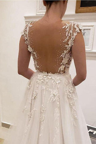 Vestidos de novia largos de corte princesa, escote en V, encaje marfil y apliques WD382 
