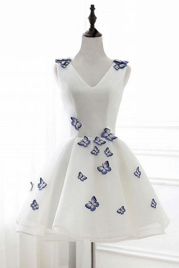 Vestido de fiesta de organza color marfil con escote en V y corte en A con apliques PD138
